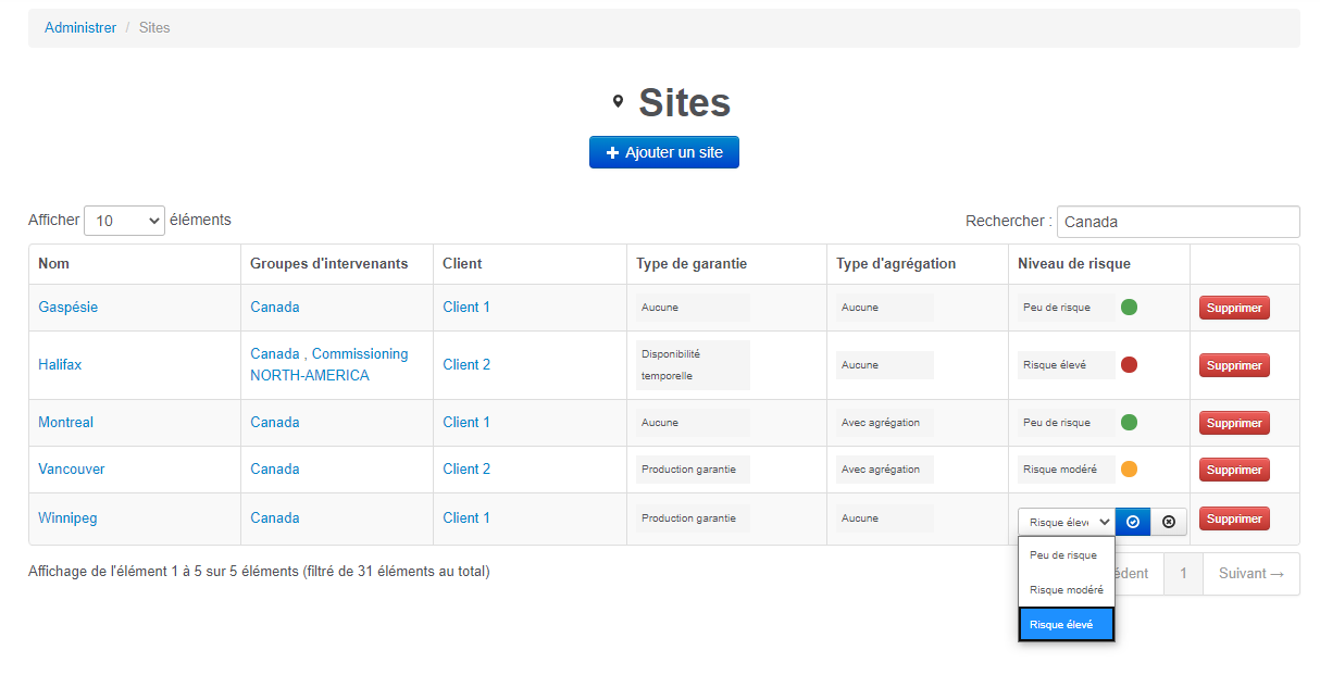 Contrats: modification rapide via la liste des sites.